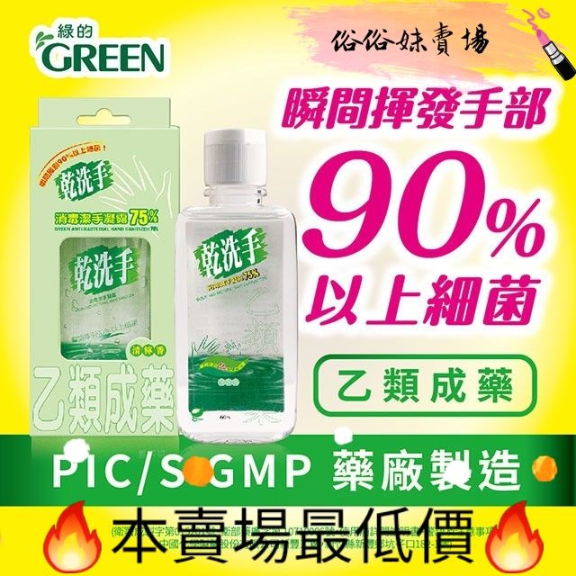 全新現貨秒出🔥GREEN 綠的 乾洗手 消毒潔手凝露75% 隨身瓶 (60ml)