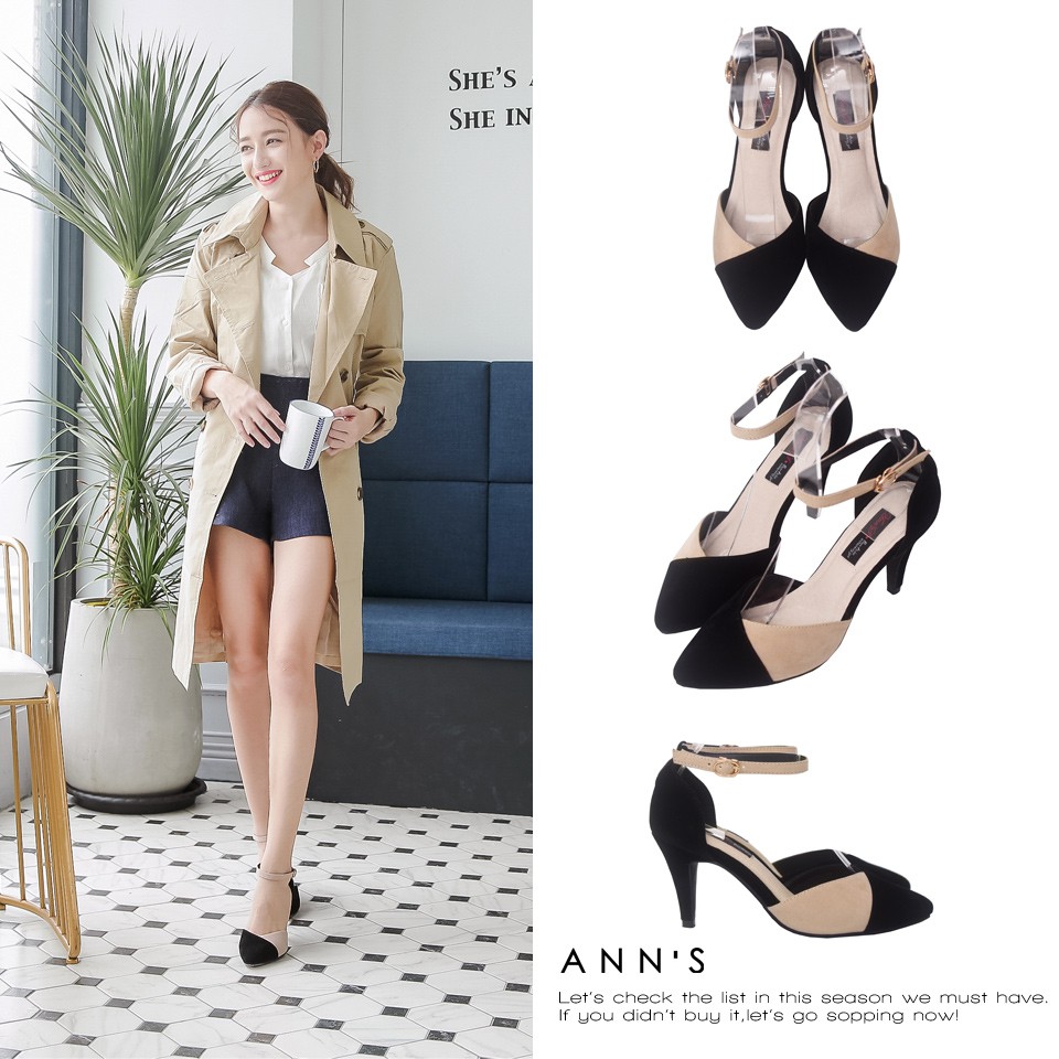 Ann’S約會計畫-雙色拼接繫帶高跟尖頭鞋-杏