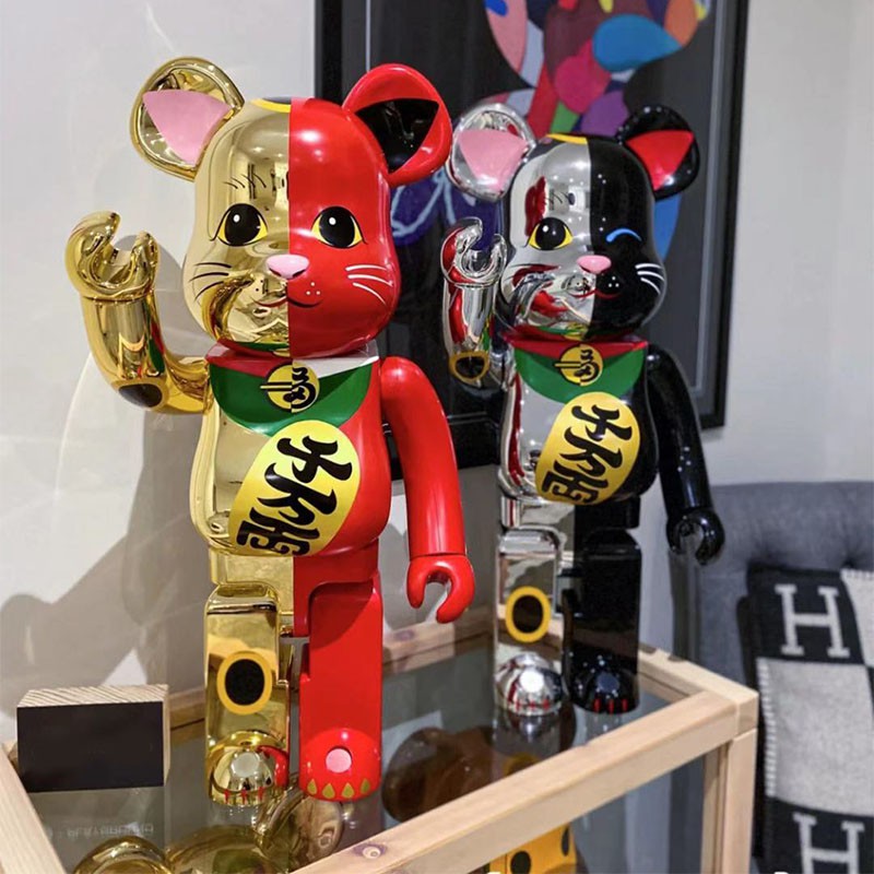 bearbrick400%電鍍金紅 銀黑拼色招財貓暴力熊積木熊公仔手辦擺件 日本限定積木熊 潮流公仔