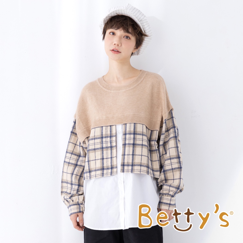 betty’s貝蒂思(15)格子織紋拼接針織毛衣(卡其)