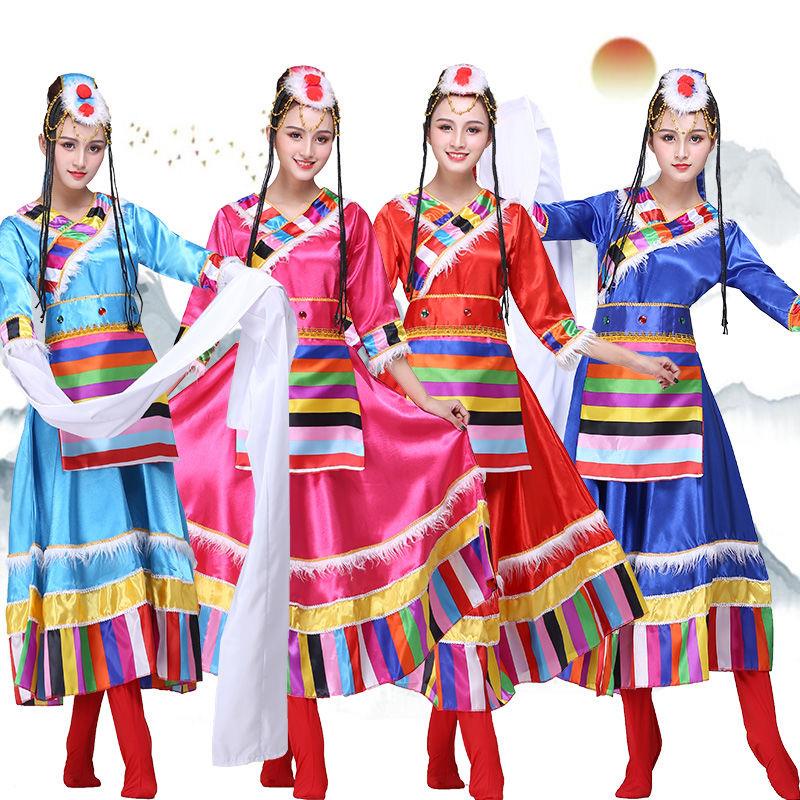 藏族服裝藏族舞蹈服裝女成人水袖西藏廣場舞少數民族舞蹈表演服裝 練功服 舞蹈服 表演服