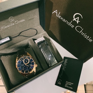 Alexandre Christie✨台灣公司貨 紳士自動上鍊機械錶 男錶皮錶帶禮盒組 藍/玫瑰金3041MALRGBU
