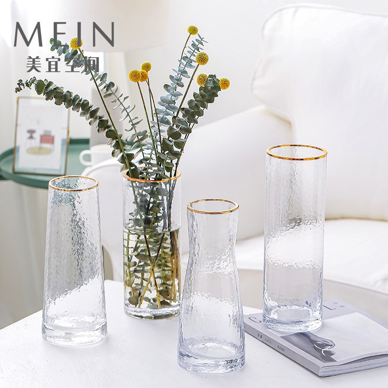 桃園市精品專賣店 北歐輕奢金邊描金透明玻璃花瓶擺件錘紋插花水培富貴竹百合干花器 蝦皮購物