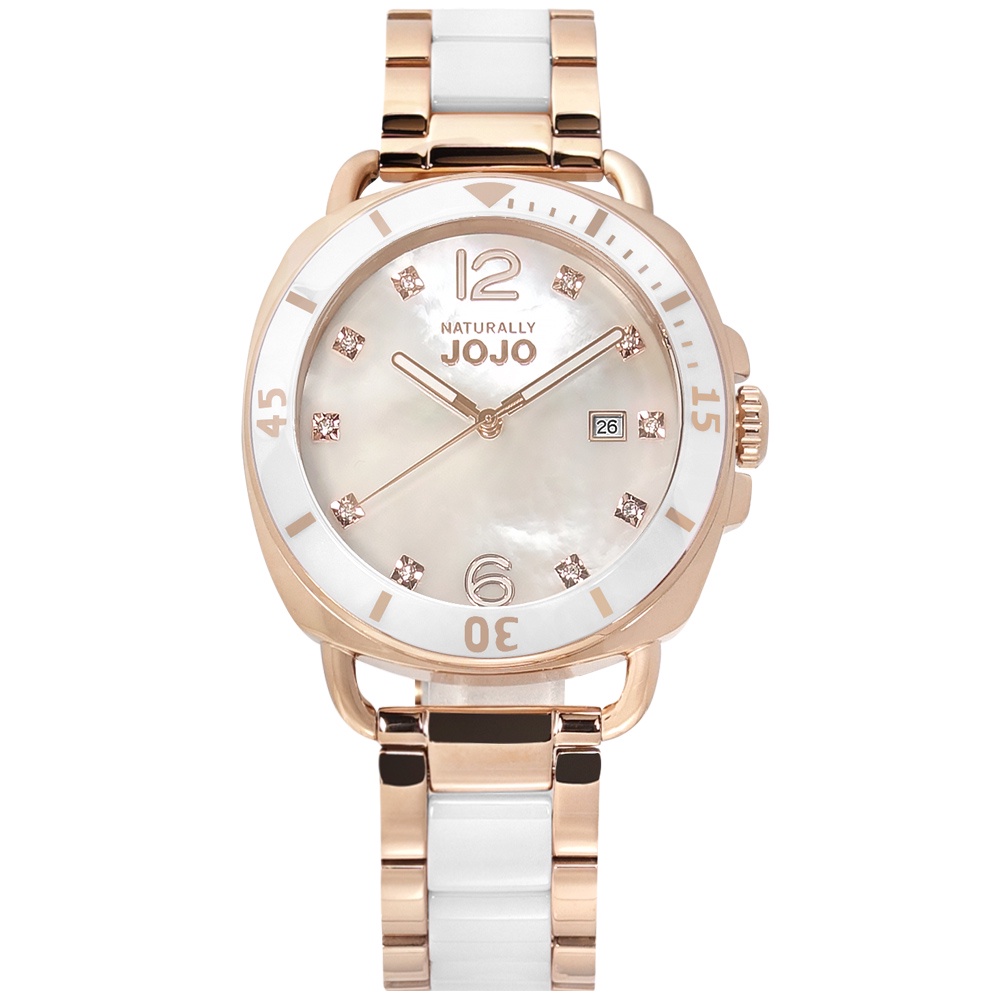 NATURALLY JOJO / 珍珠母貝 晶鑽 陶瓷不鏽鋼手錶 白x玫瑰金 / JO96988-80R / 38mm
