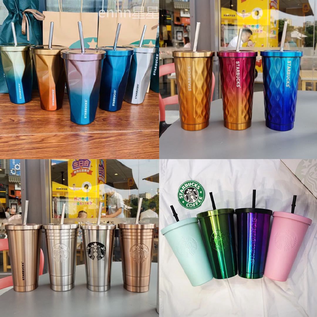 Starbucks 星巴克菱形杯大容量不銹鋼吸管杯雙層隔熱保溫杯漸變色薰衣草粉紫色漸變咖啡隨行杯情侶杯 蝦皮購物