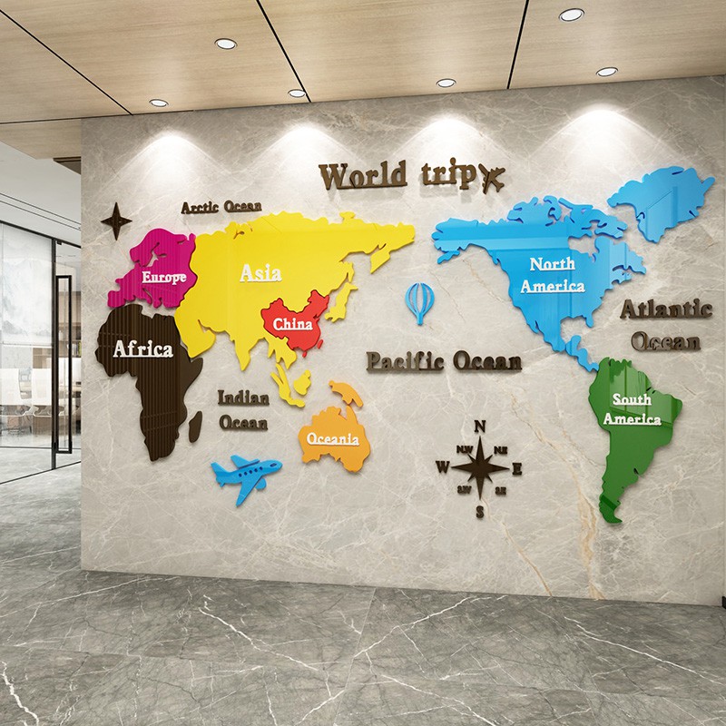 現貨☌✴◐世界地圖墻貼3d立體亞克力背景墻辦公室文化貼紙英語教室布置裝飾