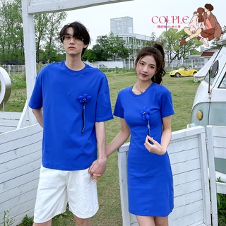 【COUPLE】2022夏季💙💙新品純色女收腰顯瘦連衣裙男圓領T恤衫情侶裝