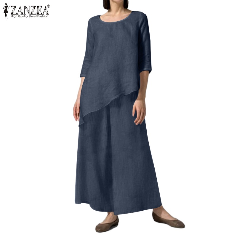 Zanzea 女士歐式複古套裝 O 領 3 / 4 袖棉上衣 + 休閒寬鬆鬆緊褲