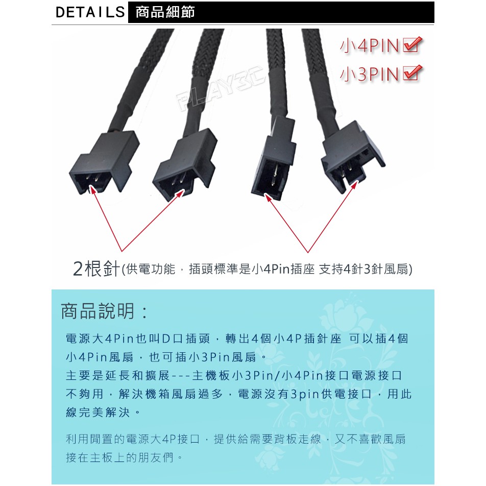 大4pin 1分4 轉四個小4pin 小3pin風扇接口包網擴充線風扇轉接線一分四30cm長風扇轉接線 蝦皮購物