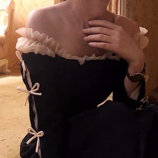 三個裁縫👒秋冬款一字領黑色連衣裙復古法式宮廷風 赫本小黑裙 氣質長洋 長袖洋裝 連身裙 尾牙 晚宴 謝師宴 禮服