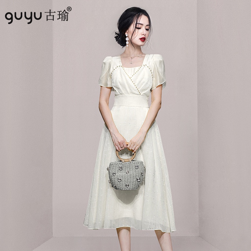 珍珠白色收腰洋裝【現貨S-XL】2022夏天新款短袖大擺連身裙婚禮浪漫洋裝