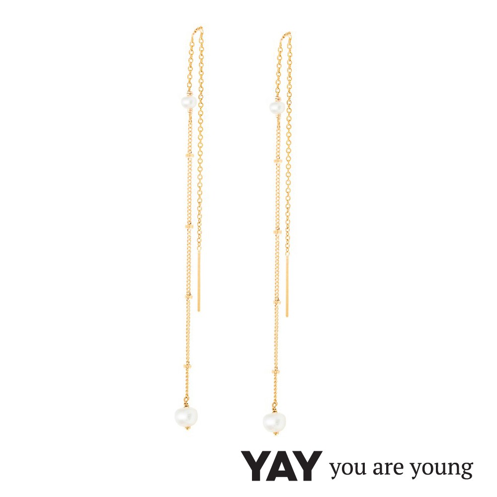 YAY You Are Young 法國品牌 Stella 珍珠耳環 不對稱拉線設計 金色