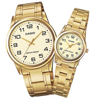 CASIO / 卡西歐 復古時尚 數字刻度 不鏽鋼手錶 情侶對錶 金色 / 38mm+25mm