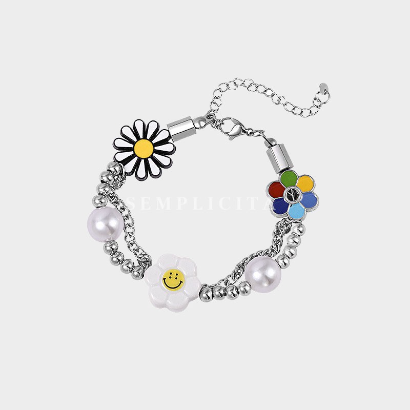 【SEMPLICITA】#韓國 自訂款 太陽花 笑臉 雛菊 鋼珠 拼接 珍珠 飾品 配件 手鍊 (1C)