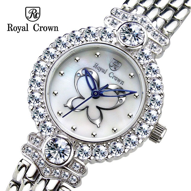 蘿亞克朗 Royal Crown 日本機芯3844S 貝殼表面蝴蝶圖案鏤空鑲鑽 手錶 全鋼錶帶 歐洲義大利品牌精品 女錶