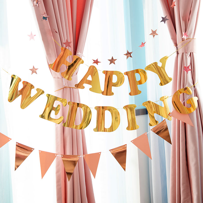 燙金字母拉旗婚禮背景牆happy Wedding結婚房裝扮生日三角旗條幅 蝦皮購物
