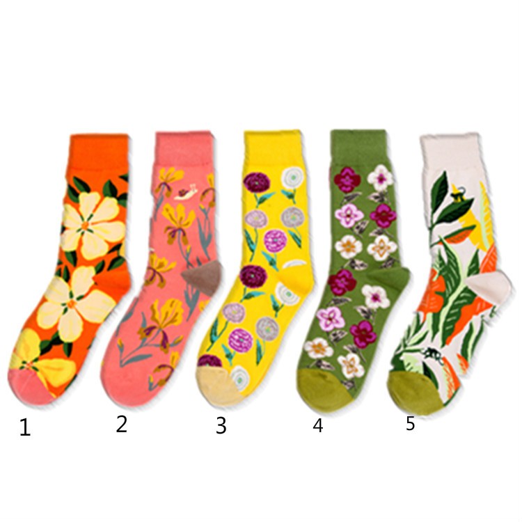 秋冬新品亮色花朵系列創意圖案中筒全棉襪子個性潮襪子批發 個性 情侶襪子 男生襪子 女生襪子