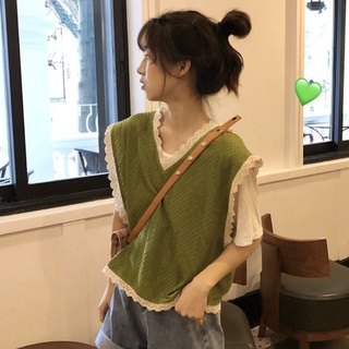 韓版小清新V領短款馬甲夏季新款學生薄款無袖綠色背心上衣