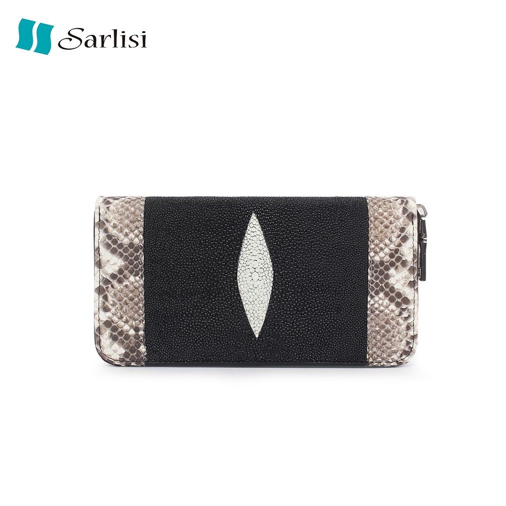 【台灣出貨】【Sarlisi】真皮珍珠魚皮長夾女士錢包長款錢夾 蟒蛇皮包邊手拿包