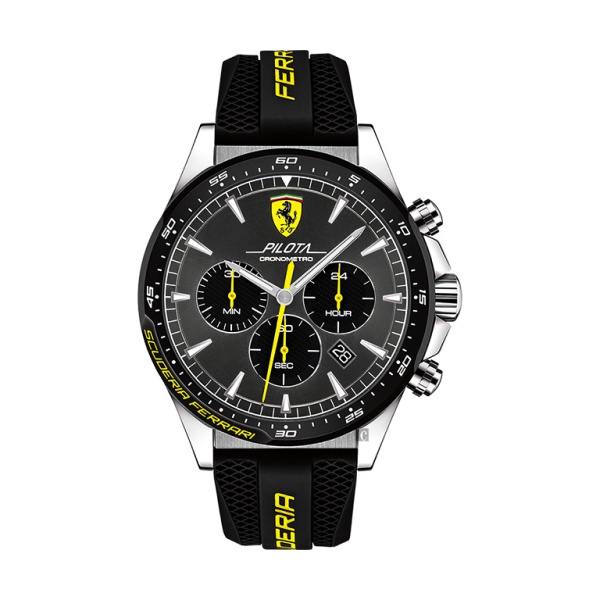 【Ferrari 法拉利】三眼碳纖維設計時尚賽車橡膠腕錶-低調黃/FA0830594/台灣總代理公司貨享兩年保固