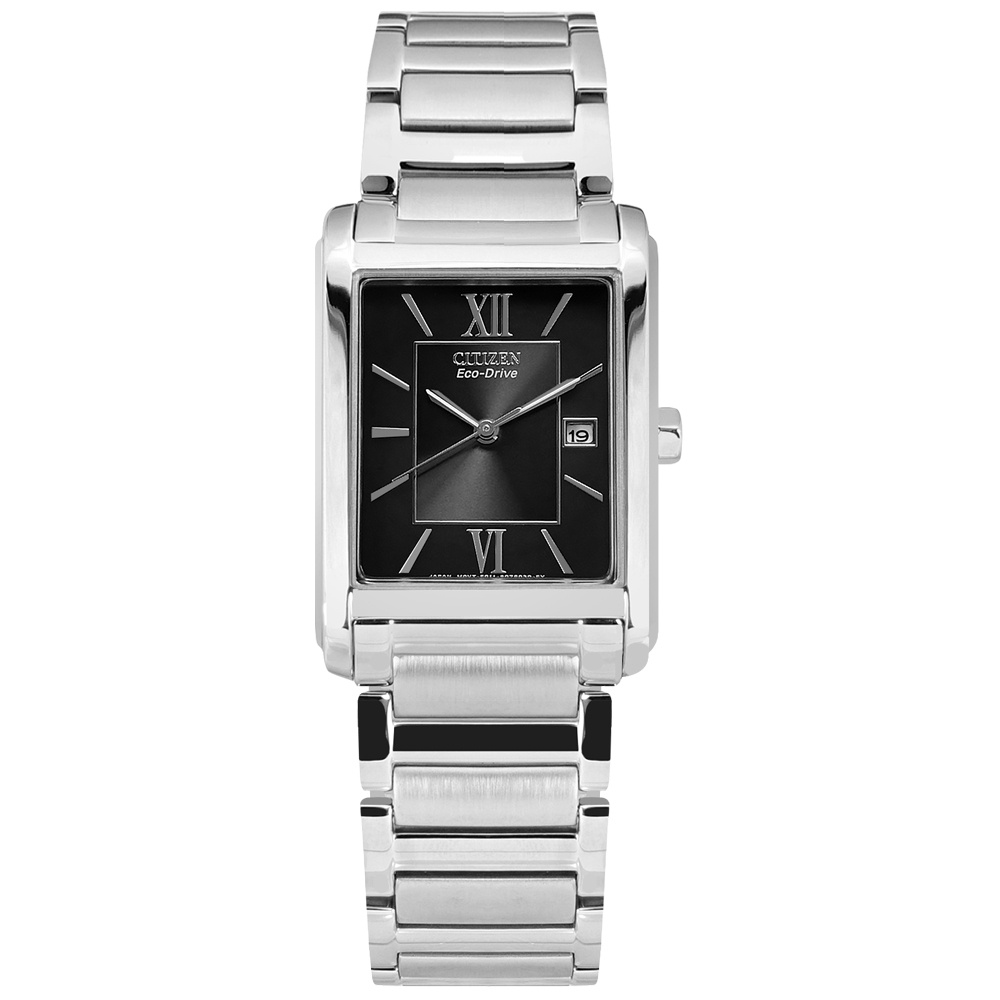 CITIZEN / 光動能 復古方型 羅馬刻度 日期 不鏽鋼手錶 黑色 / FRA59-2431 / 26mm
