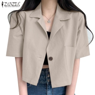 Zanzea 女士韓版時尚休閒寬鬆純色半袖口袋西裝外套
