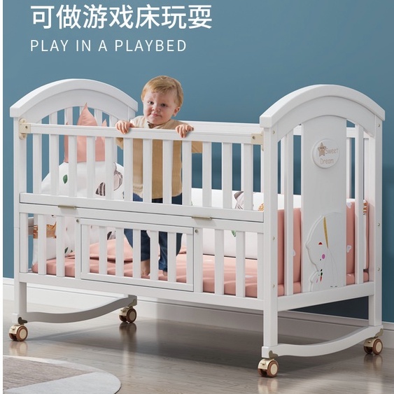 免運費 新生兒小床 多功能兒童床 嬰兒床 寶寶搖籃小床 實木床 bb歐式小床 可移動小床 拼接大床 oc9c