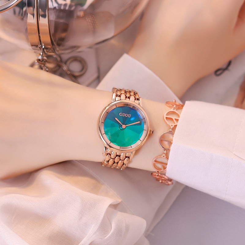 GUOU 古歐 6034女 綠色鋼帶腕表手表白領真皮表帶女表炫彩表盤防水女士手表