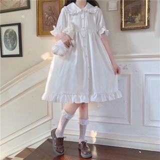 預購*日系軟妹白色娃娃領泡泡袖可愛仙女連身裙 復古 文藝 少女 學院風 小清新 洋裝 裙子