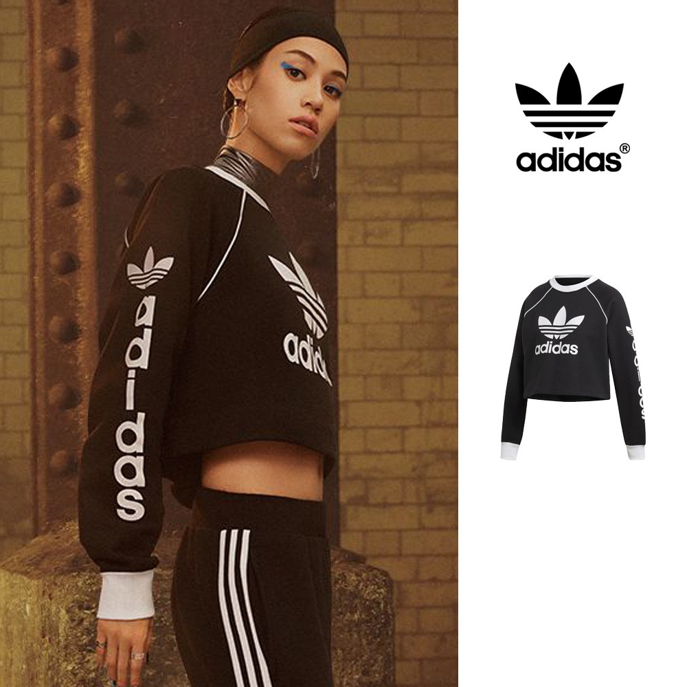 Adidas Originals 黑 長袖T恤 女款 短版 休閒 純棉 重磅 三葉草 Logo