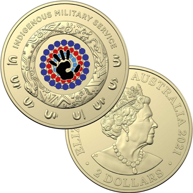 Auke 🇦🇺澳大利亞🇦🇺 2021 年原住民兵役 2 美元彩色 UNC 硬幣(伊麗莎白二世最後一款頭像)