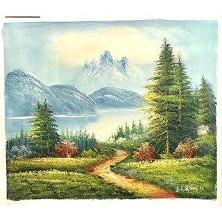 風景油畫 雪山湖水小路 60x50公分 手繪油畫 無框畫 - 812