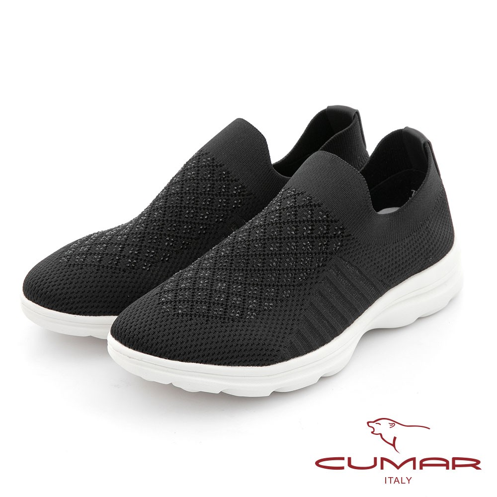 【CUMAR】簡約鑽飾飛織布彈力舒壓休閒鞋 - 黑色