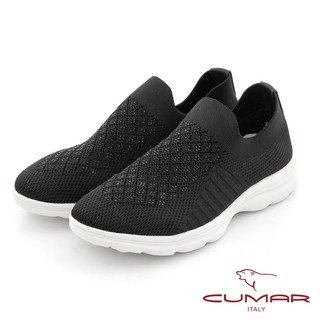 【CUMAR】簡約鑽飾飛織布彈力舒壓休閒鞋 - 黑色