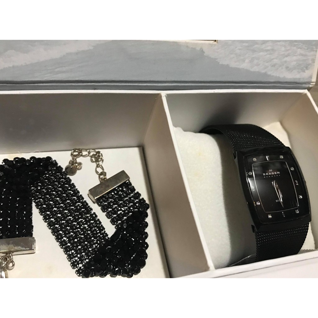 【正品、全新】丹麥Skagen 設計感水鑽手錶+手鍊組