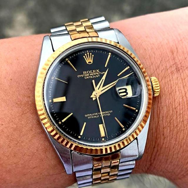 勞力士 1601 DATEJUST 龜殼面 長簇形時標 黑色面盤  Vintage ROLEX 黃K金+鋼