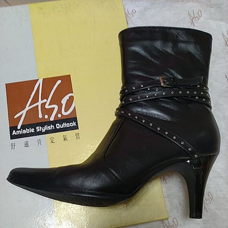 A.S.O 阿瘦 尖頭鉚釘馬靴 黑色 九成新