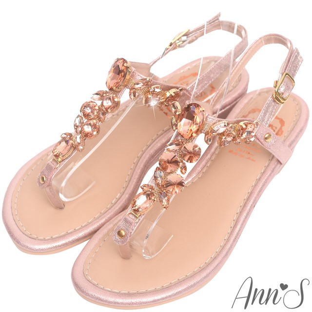 Ann‘S華麗訂製T型水鑽寶石小坡跟夾腳涼鞋-粉