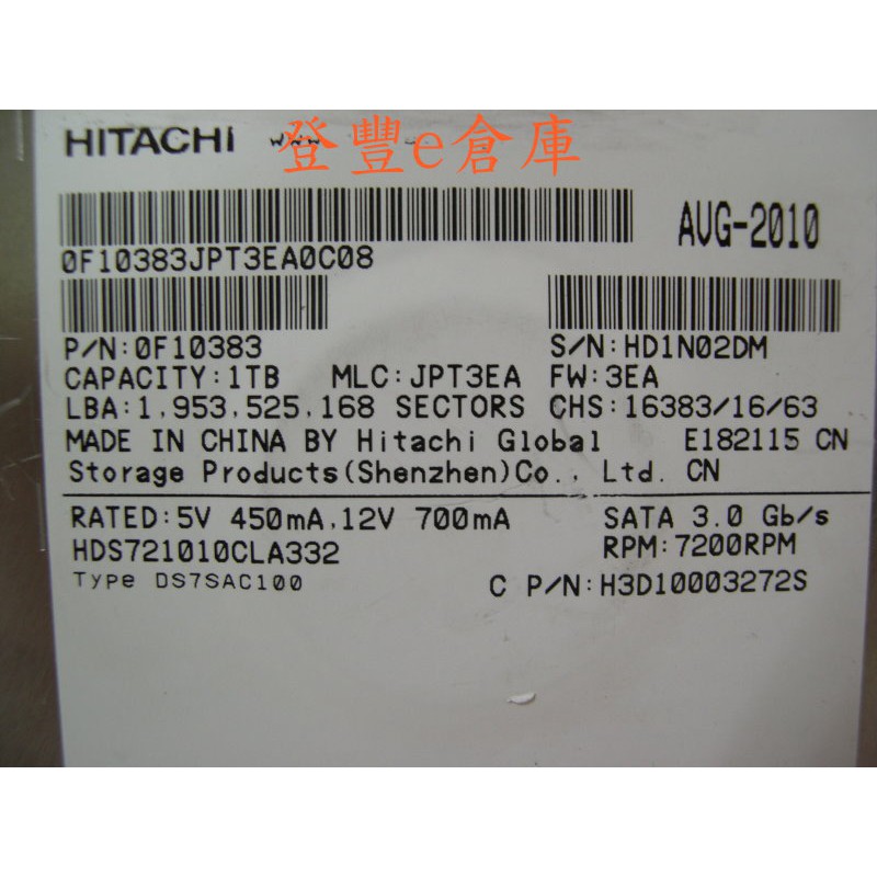 【登豐e倉庫】 YF89 Hitachi HDS721010CLA332 1TB SATA2 硬碟