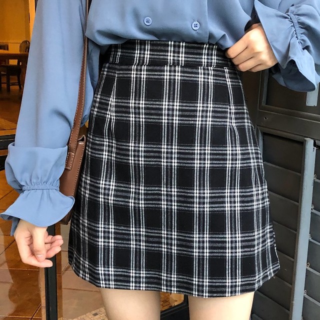 ZUCA”S - 學院風格子A字高腰顯瘦包臀短裙 - WT-7151