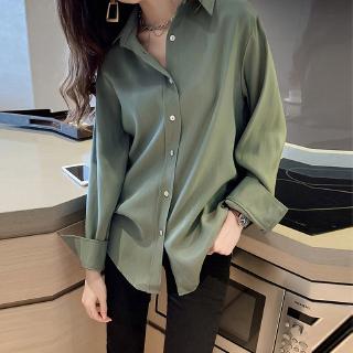 蔓莎💞2025長袖大碼翻領雪紡上衣女純色內穿外搭設計感復古模擬絲寬松襯衫女