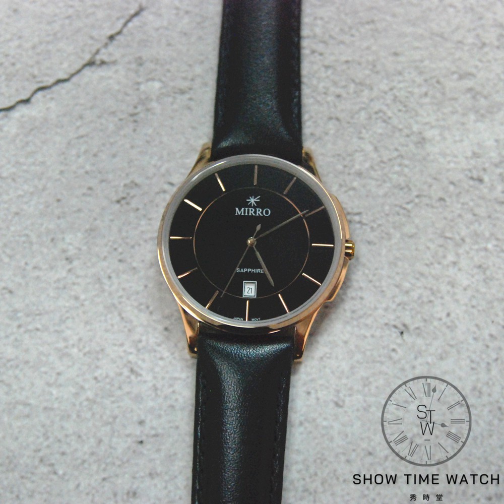 MIRRO 質感 簡約 水晶玻璃 文青 皮革腕錶 - 黑面玫瑰金 6972BK-29642BR [ 秀時堂 ]