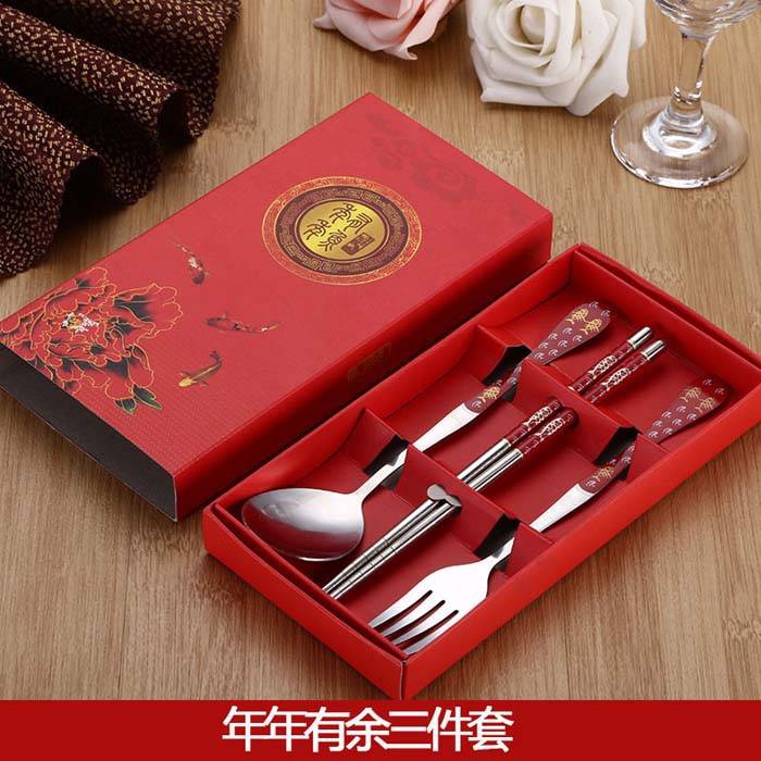 青花瓷餐具套裝三件套不銹鋼筷子勺叉盒套裝三件套