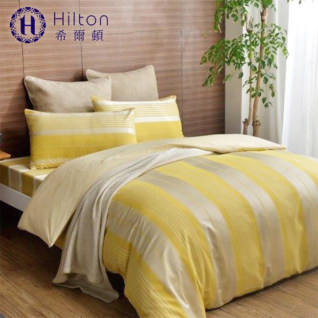 Hilton希爾頓 杜拜風情特級品300針織100%精梳棉雙人床包3件組/黃色條紋BX001