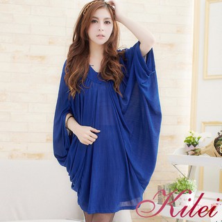 【Kilei】大尺碼女裝 女上衣 素面上衣 飛鼠袖 寬袖 傘擺 絲紗直紋質料連袖長上衣XA1571-01(時尚藍)大尺碼