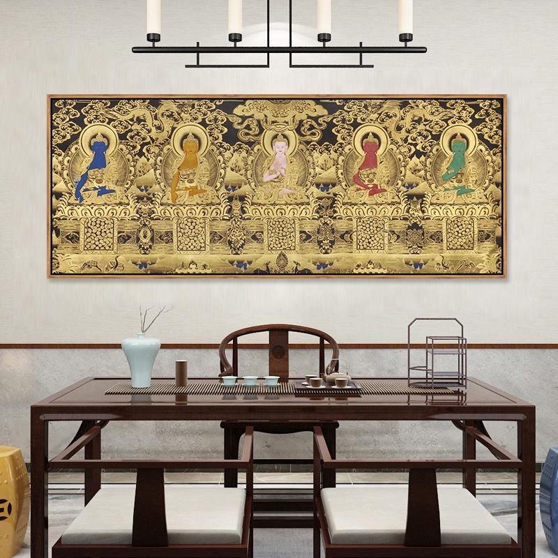 唐卡 佛畫 藝術畫 唐卡掛畫五方如來佛祖佛像三世佛釋迦牟尼佛畫像裝飾畫辦公室橫版