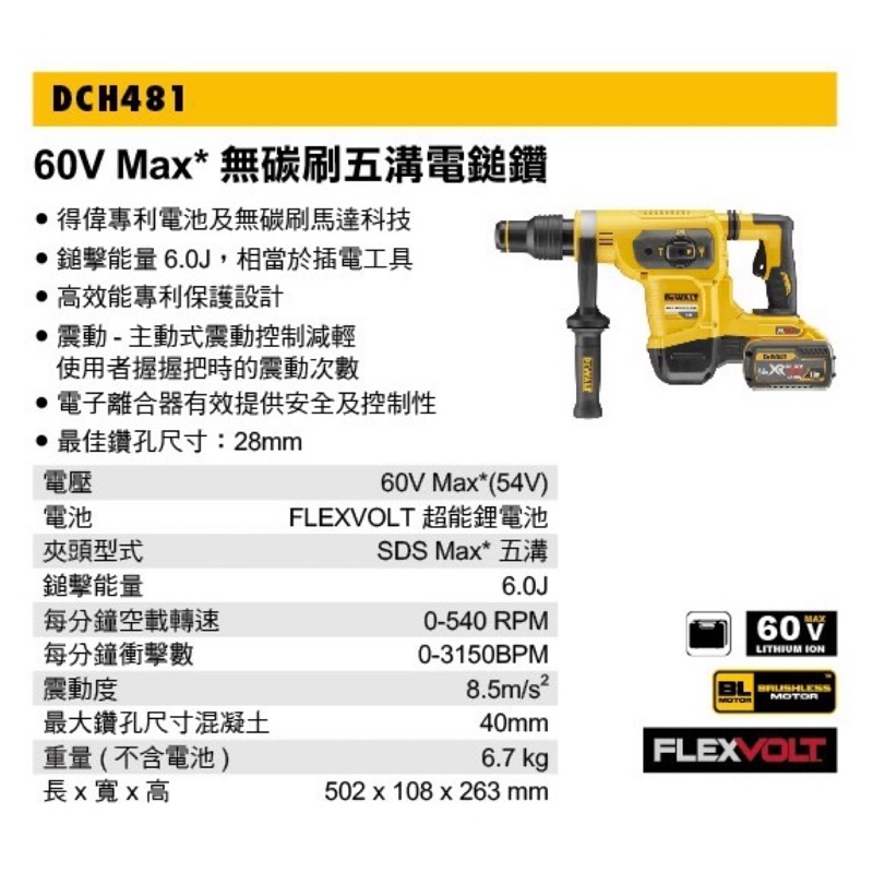 鋰電鎚鑽｜Dewalt 得偉 60V Max*無碳刷五溝電鎚鑽 DCH481X2 雙電3.0 (含稅) DCH481