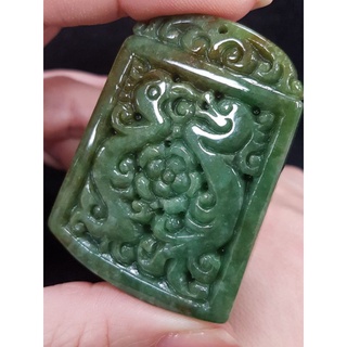 天然緬甸玉A貨翡翠 老油青 仿古龍鳳雙面雕刻 古典玉牌 方牌 龍牌 吊墜 掛墜