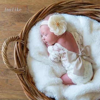 客棧 2 件新生兒攝影道具套裝嬰兒蝴蝶結蕾絲連身衣花頭帶套裝嬰兒照片拍攝緊身衣褲