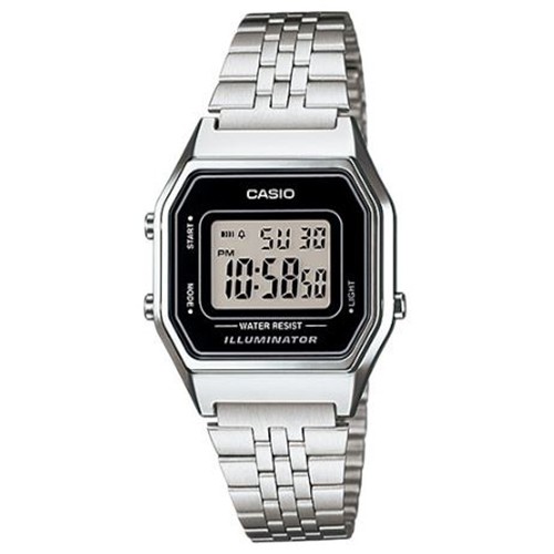 【CASIO】方格普普風不鏽鋼電子錶-黑框(LA-680WA-1)正版宏崑公司貨